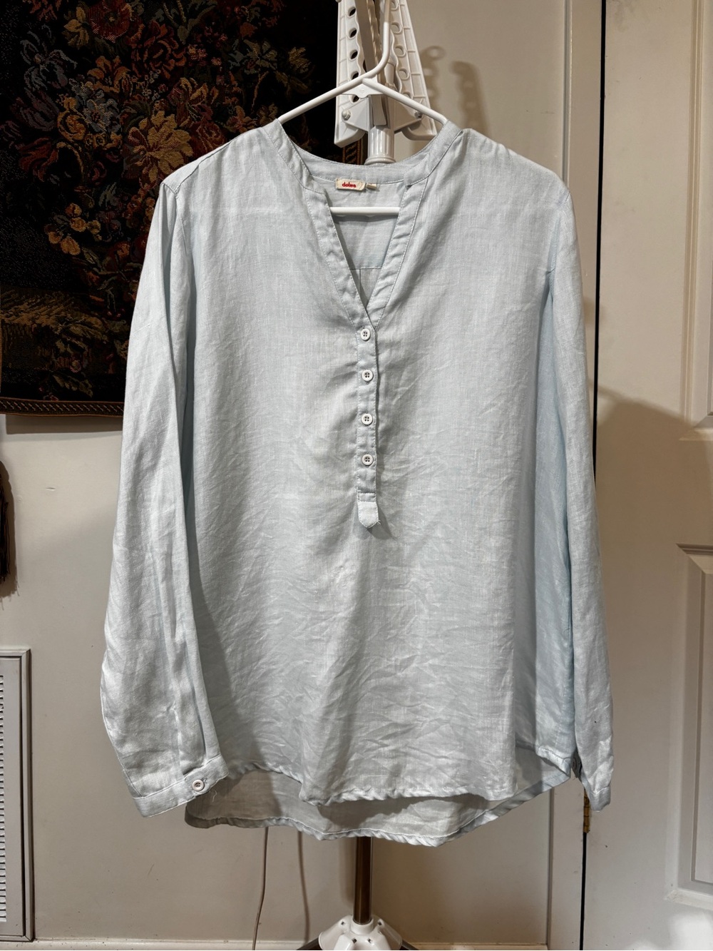Dolma 100% Linen Light Blue Tunic Blouse L Long Sleeve Coastal